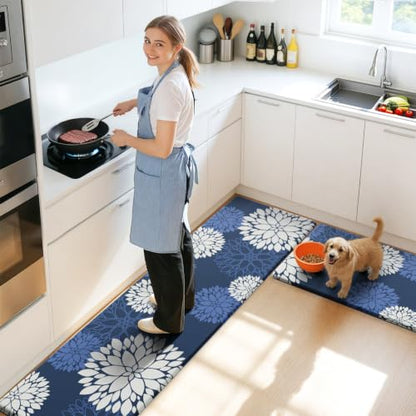 Kitchen Mats 2 Piece Set, Anti Fatigue Non Slip Cushioned Floor Rugs, Blue - size: 17.3"W×59"L+17.3"W×30"L-0.4"Th