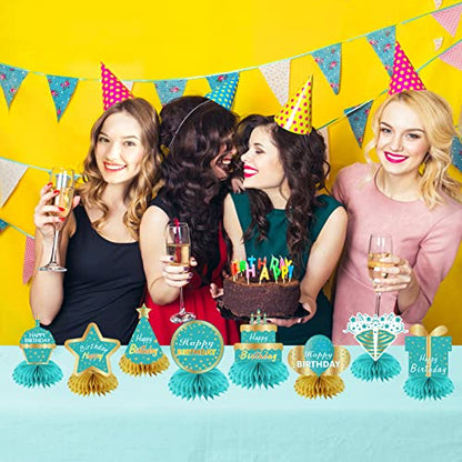 8Pcs Teal and Gold Birthday Decorations Honeycomb Centerpieces