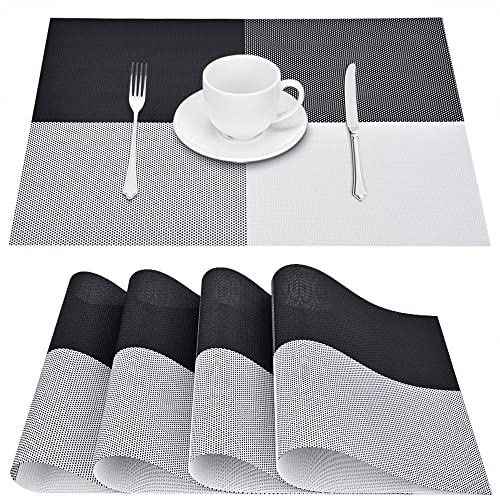 GIVERARE Placemats Set of 4, Heat-Resistant Woven Vinyl Placemat, Non-Slip Washable PVC Table Mat, Easy to Clean Premium Plastic Mats for Dining, Kitchen Table (Black+White) - color: Black+white