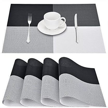 GIVERARE Placemats Set of 4, Heat-Resistant Woven Vinyl Placemat, Non-Slip Washable PVC Table Mat, Easy to Clean Premium Plastic Mats for Dining, Kitchen Table (Black+White) - color: Black+white