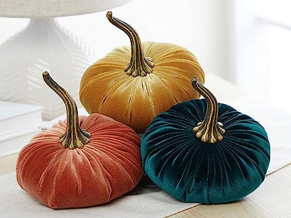 Set of 3 Velvet 6.25 Inch Pumpkin (Harvest, Gold, Emerald) - color: Harvest, Gold, Emerald