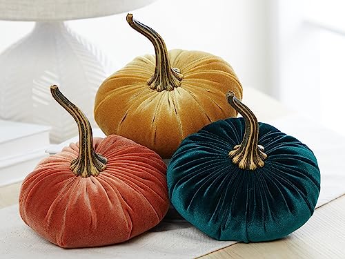 Set of 3 Velvet 6.25 Inch Pumpkin (Harvest, Gold, Emerald) - color: Harvest, Gold, Emerald