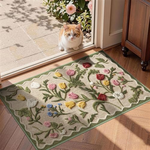 2x3 Small Beige Floral Entryway Rug, Neutral Farmhouse Front Door Mat, Washable Non Slip Thin Low Pile Floor Mat for Indoor Outdoor Kitchen Bathroom Porch - color: Beige Floral, size: 2' x 3' (Rectangular)