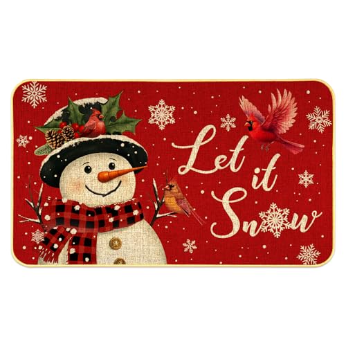 Snowman Doormat, Let it Snow Christmas Door Mat, Snowflake Welcome Mat, Cardinal Birds Door Mats, Xmas Decor Low-Profile Floor Mat for Home Entryway Patio Yard Decor, 17x29 Inch, Red - color: Red Snowman