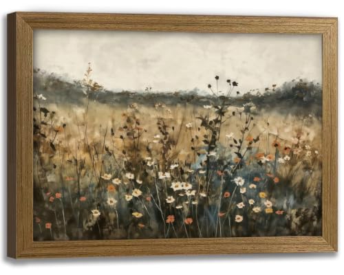 Framed Canvas Wall Art Wildflower Field Painting Poster Vintage Floral Picture Print Gallery Wrapped Artwork Rustic Nature Wall Decor 8x10 Inch - color: Retro floral