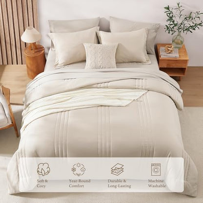 Queen Comforter Set-7 Pieces Beige Soft Bed in a Bag Queen Bedding Sets - color: Apricot Beige, size: Queen