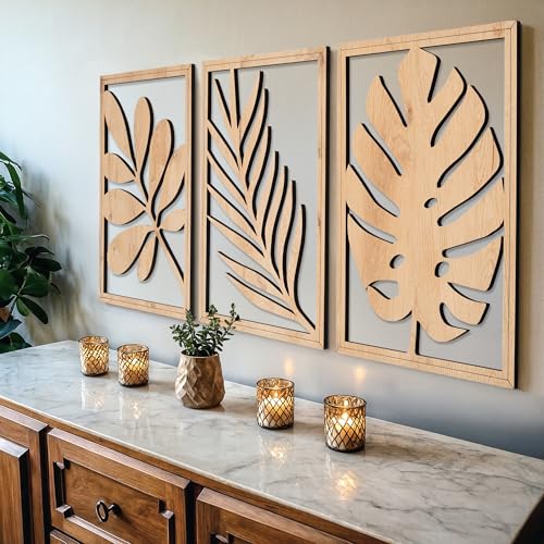 qmmp Modern Wooden Wall Sculptures - Set of 3 - Home Decor Accent - Large Wall Art for Living Room, Bedroom, Office - Easy Installation (Oak, Large - Tree Leaves) - color: Oak, size: Large - Tree Leaves