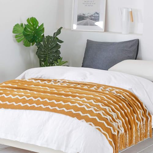 BOURINA Knitted Throw Blanket Boho Chenille Blanket,Mustard 60x80Inch - color: A-mustard, size: 60"×80"