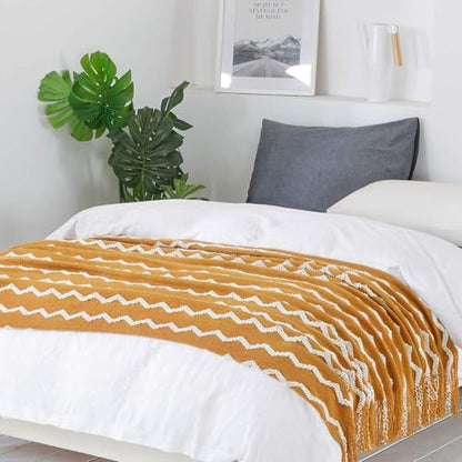 BOURINA Knitted Throw Blanket Boho Chenille Blanket,Mustard 60x80Inch - color: A-mustard, size: 60"×80"
