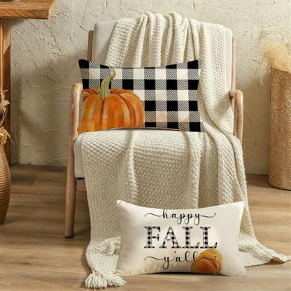Fall Pillow Covers 12x20 Thanksgiving Farmhouse Decorations Buffalo Plaid Pumpkin Maple Leaf Outdoor Fall Decor Throw Pillow Covers Blessed Autumn Harvest Cushion Case for Sofa Couch Set of 4 - size: 20" x 12" (Pack of 4)