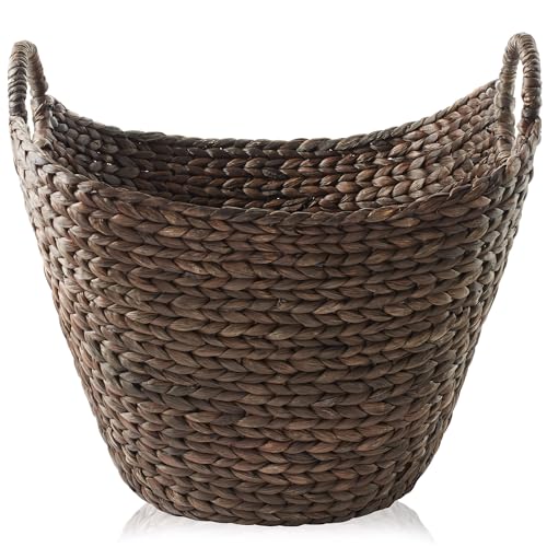 Casafield Large Laundry Boat Basket with Handles - Espresso, Woven Water Hyacinth Multipurpose Storage Organizer for Throw Blankets, Bathroom, Bedroom, Living Room