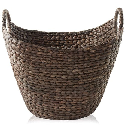 Casafield Large Laundry Boat Basket with Handles - Espresso, Woven Water Hyacinth Multipurpose Storage Organizer for Throw Blankets, Bathroom, Bedroom, Living Room