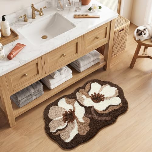 LUMI Flower Bathroom Rug, Absorbent Non Slip Bath Mat, 20x32, Brown Flower - color: Floral-brown Flower