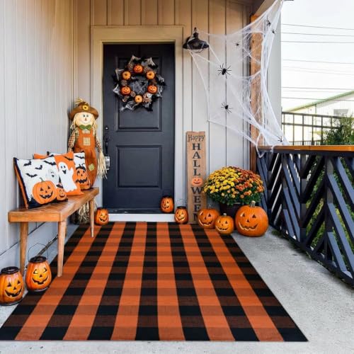 MUBIN Fall Decor Cotton Buffalo Plaid Rug, 4' x 6' Orange Black Outdoor Rug Decorative Mat, Washable Large Halloween Doormat Foldable Area Rug for Outdoor Patio Indoor Living Room Dining Room Kitchen - color: Orange Black Plaid, size: 4' x 6' (Rectangular