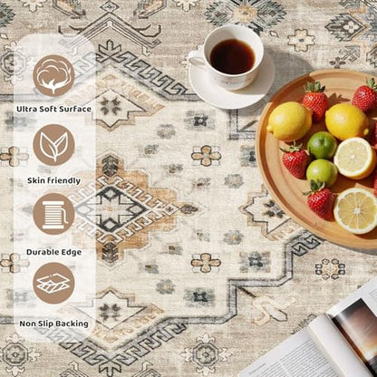 cotiled 5ft Round Living Room Area Rug, Washable, Traditional, Beige - color: Beige, size: 5' (Round)