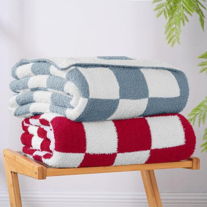 Exclusivo Mezcla Checkered Knit Throw Blanket for Couch, Stone Blue - color: Stone Blue, size: Throw (50"x60")