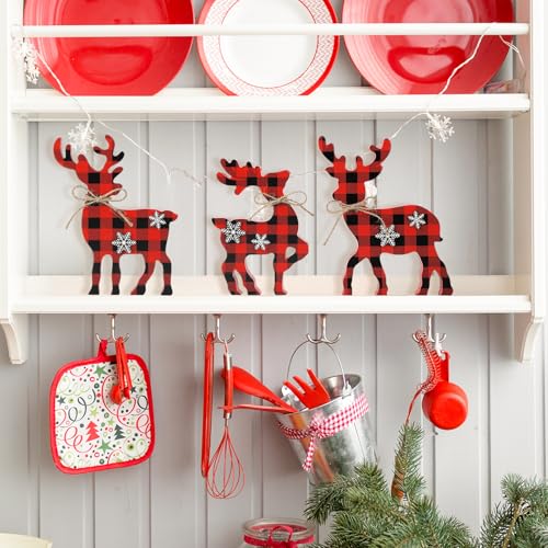 3Pcs Cute Christmas Tiered Tray Decor Indoor, Wooden Reindeer Christmas Tabletop Decorations Xmas Centerpiece, Rustic Reindeer Block Signs Standing Elk Decor for Home Shelf - style: Red and Black Buffalo Plaid