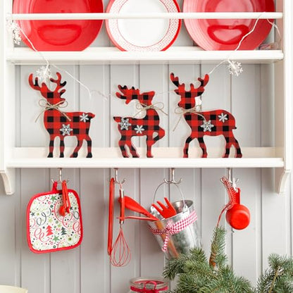 3Pcs Cute Christmas Tiered Tray Decor Indoor, Wooden Reindeer Christmas Tabletop Decorations Xmas Centerpiece, Rustic Reindeer Block Signs Standing Elk Decor for Home Shelf - style: Red and Black Buffalo Plaid