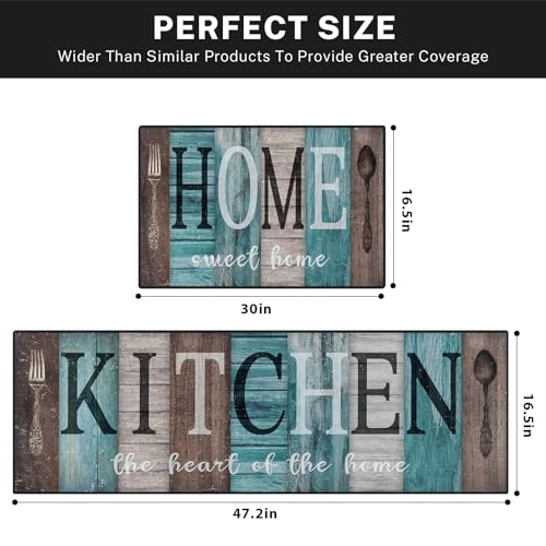 Teal Kitchen Rugs Set of 2 Non Slip Washable Farmhouse Turquoise - color: Rustic Teal Brown