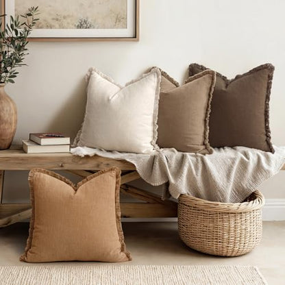 MIULEE Fall Linen Fringe Pillow Covers Set of 4 18x18 Neutral Brown - color: Neutral Brown, size: 18" x 18" (Pack of 4)