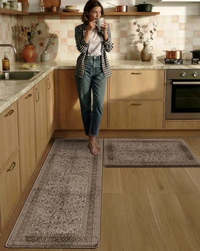 LUMI Kitchen Floor Mats Cushioned Anti Fatigue Set of 2,17"x30"+17"x59" - color: Brown & Olive, size: 59"L x 17"W x 0.4"Th + 30"L x 17"W x 0.4"Th