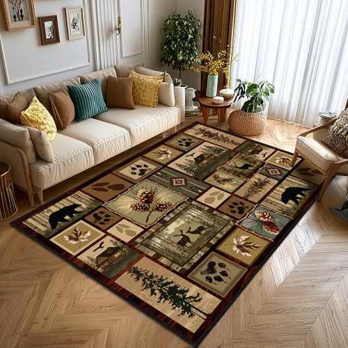 Cabin Rustic Area Rug 4x6,Deer Bear Wildlife Vintage Floor Carpets - size: 4'x6'
