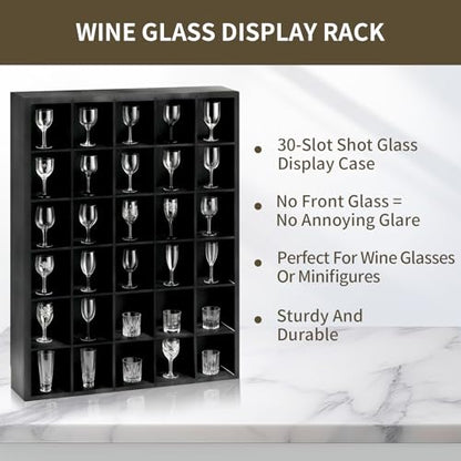 2 Pack Shot Glass Display Case - Black Wooden Wall Mounted Shadow Box Cabinet - 30 Slots, Removable Adjustable Shelves for Miniatures, Thimbles, Bar Home Kitchen Decor, 16.9x12.2 Inch, Black