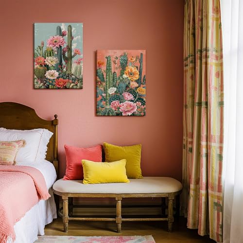 RUMSICH 2Pcs Retro Western Mexican Cactus Canvas Wall Art12×16 Inch Framed - color: Cactus flower, size: 16"L x 12"W