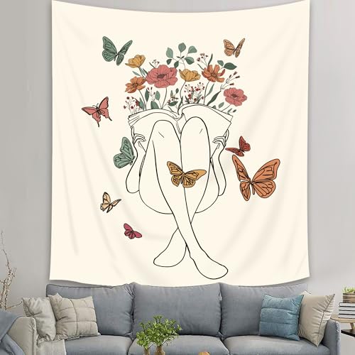 Abstract Woman Tapestry Boho Butterfly Floral Reading Book Wall Hanging - color: Abstract Woman（Beige）, size: 59"L x 51"W