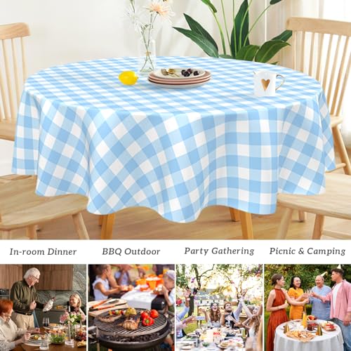 Mulbozy 2 Pcs Light Blue Gingham Round Plastic Tablecloth Disposable - color: Checkered-light Blue, size: 84" Round