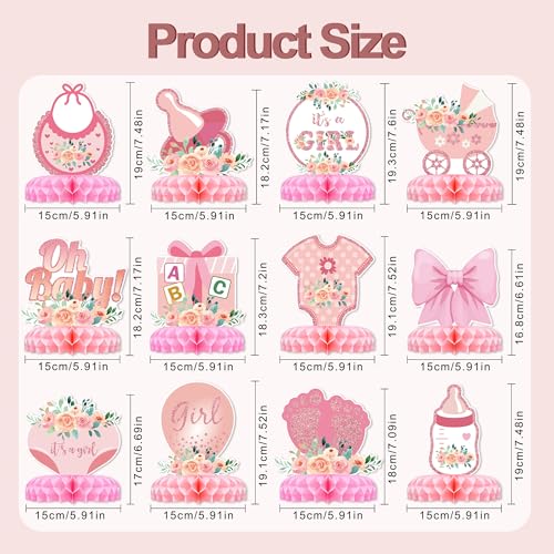 12 Pcs Baby Shower Decorations for Girl Glitter Pink Honeycomb Centerpieces - style: baby shower