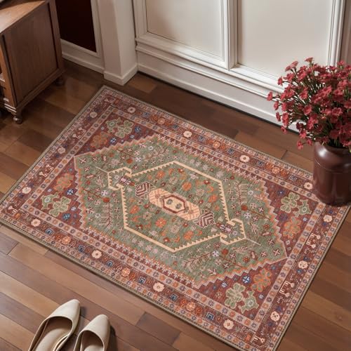 Ciicool 2x3ft Small Area Rug,Washable Boho Thin Mat for Entryway Kitchen - color: Terracotta/Green, size: 2' X 3' (Rectangular)