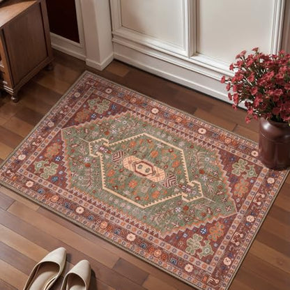 Ciicool 2x3ft Small Area Rug,Washable Boho Thin Mat for Entryway Kitchen - color: Terracotta/Green, size: 2' X 3' (Rectangular)