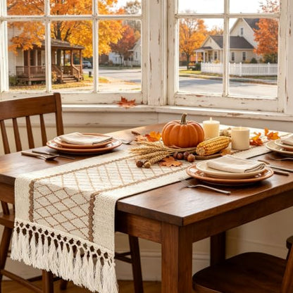 yuboo Boho Fall 48 Inch Table Runner, Rustic Farmhouse Dresser Runners - color: Beige&cream, size: 48 inch