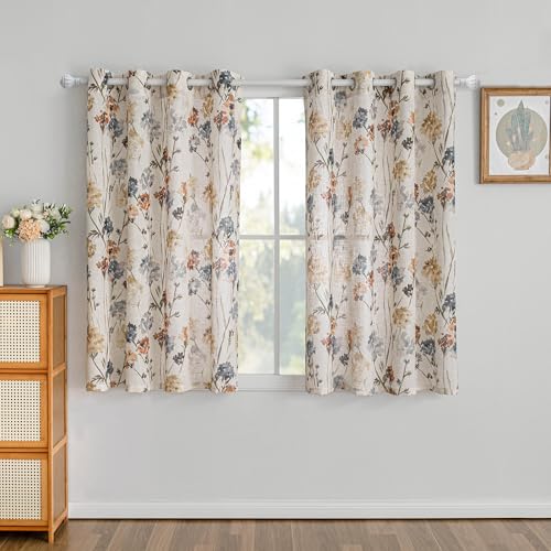 MYSKY HOME Floral Linen Curtains 45 inch Length 2 Panels Set Fall Patterned Semi Sheer Light Filtering Privacy Farmhouse Grommet Drapes, Yellow, 52" Wide, Pack-2 - color: A-yellow, size: 52"W x 45"L (Pack of 2)