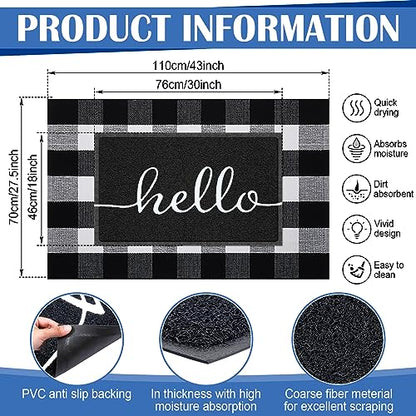 Geelin 2 Pcs Layered Hello Doormat, Black and White Buffalo Plaid Rug Set - style: Hello