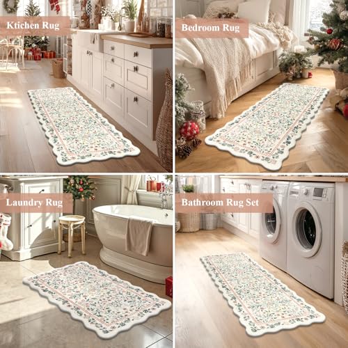Yamaziot Boho Anti Fatigue Kitchen Rug Set of 3 Scalloped Beige & Pink - color: Beige & Pink, size: 17.3"x29"+17.3"x35"+17.3"x47"