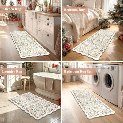 Yamaziot Boho Anti Fatigue Kitchen Rug Set of 3 Scalloped Beige & Pink - color: Beige & Pink, size: 17.3"x29"+17.3"x35"+17.3"x47"