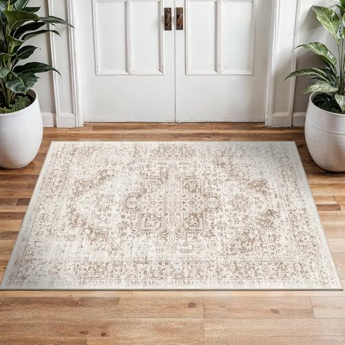 2x3 Washable Area Rug for Entryway: Throw Vintage Neutral Rugs IvoryBeige - color: Ivory/Beige, size: 2x3
