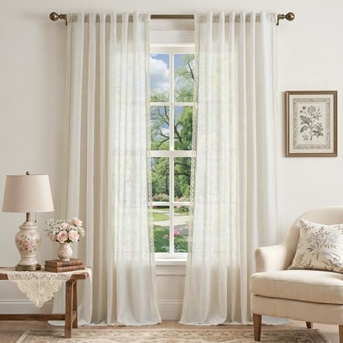 jinchan Beige Linen Curtains with Laced Trim Back Tab 50x 108 Inch 2 Panels - color: Laced Beige, size: 50"W x 108"L (Pack of 2)