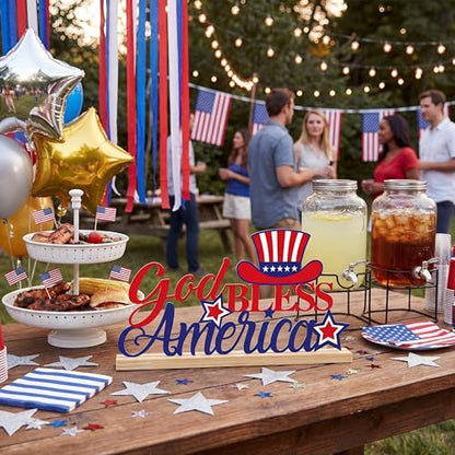Roowest Metal God Bless America Table Decor Sign with Wood Base - style: Independence Day
