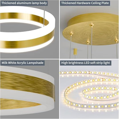 Modern LED Chandelier Light, 4 Ring Gold Pendant Lighting Fixture, Adjustable Hanging Ceiling Lamp for Dining Room, Kitchen Island, Entryway, Living Room, Dimmable Dining Light Over Table