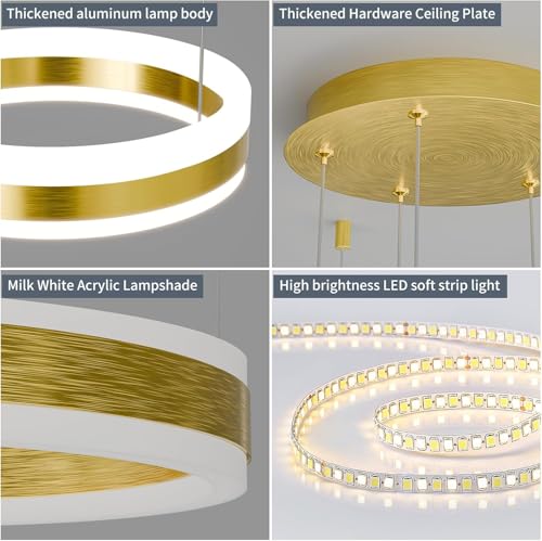 Modern LED Chandelier Light, 4 Ring Gold Pendant Lighting Fixture, Adjustable Hanging Ceiling Lamp for Dining Room, Kitchen Island, Entryway, Living Room, Dimmable Dining Light Over Table
