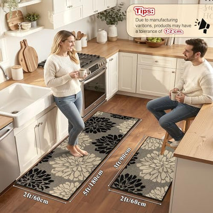 Findosom Kitchen Rugs Sets of 2, Floral Washable Kitchen Runner Rug, Black - color: Black/Beige, size: 24" x 36" + 24" x 71"
