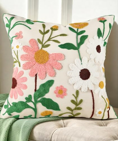 Embroidered Throw Pillow Cover, 18x18 Inch, Pastel Wildflowers - color: Pink-white-flower, size: 18" x 18" (Pack of 1)