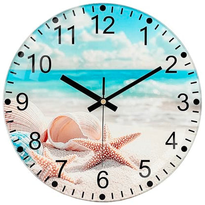 12 Inch Thick Glass Wall Clock - Wall Clocks Battery Operated with Unique Exclusive Beach Shell Design Silent Non Ticking Analog Clock for Bedroom, Living Room, Office, Classroom, Bathroom - color: Blue White, size: 12 Inch