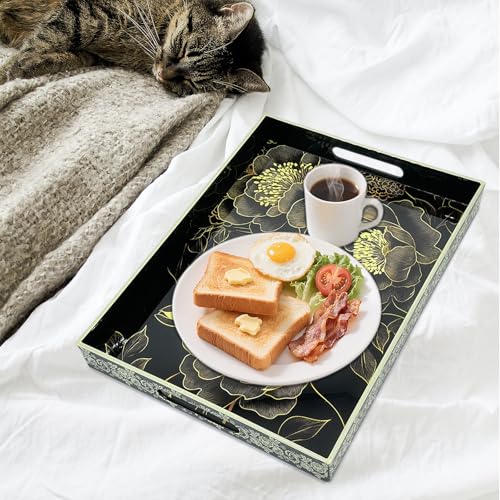 Serving Tray with Handles, 15.7 * 11.8 inches, Plastic Ottoman Tray with Exquisite Paintings, Trays for Coffee Table - color: Black Peony