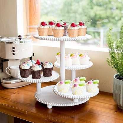 GENMOUS 4 Tiered Beaded Cake and Cupcake Stand Combo for Birthday Party Decor, Rustic Wooden Cupcake Tower Stands for 50 Cupcakes, White Cupcake Tier Stand Display for Wedding Baby Shower Tea Party