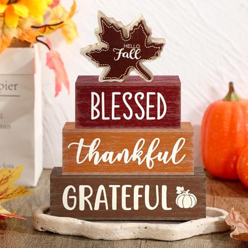 Yousoontic 4 Pcs Hello Fall Figurines Set, Rustic Farmhouse Decor - style: Fall Maple Leaf