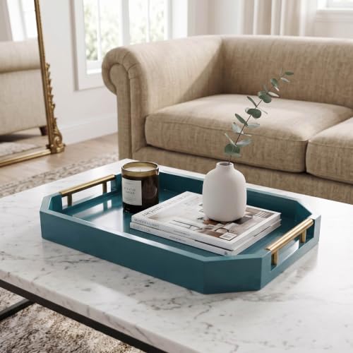 Decorative Wood Serving Tray with Polished Gold Handles, Octagon MDF Tray, Glossy Finish, 16x12 Inch, for Coffee Table, Ottoman (Teal) - color: Teal